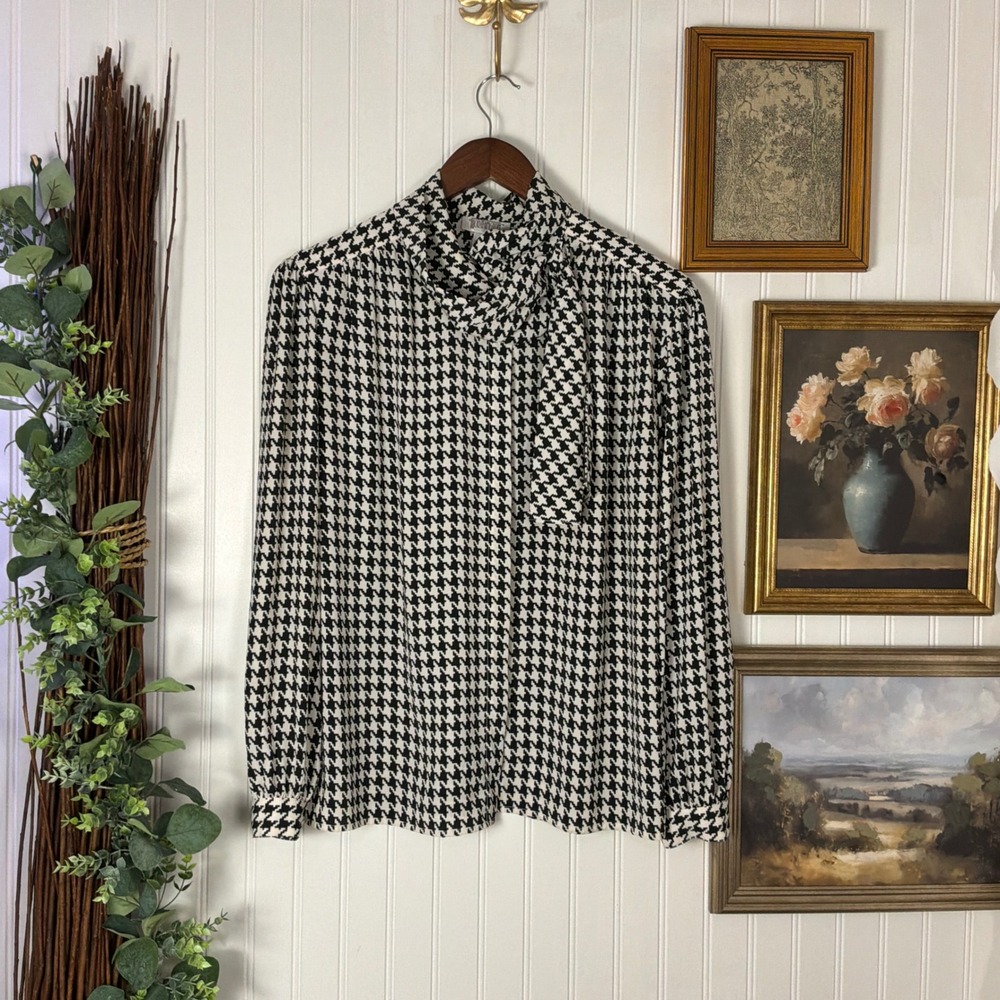 Vintage 90s Worthington Houndstooth Tie Neck Blouse Women's 14 Black White